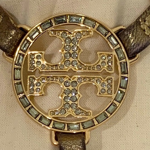 Tory Burch Women Metallic Gold W/ Rhinestone Thong Shoes Sandals 7.5 Block Heel - Picture 5 of 6